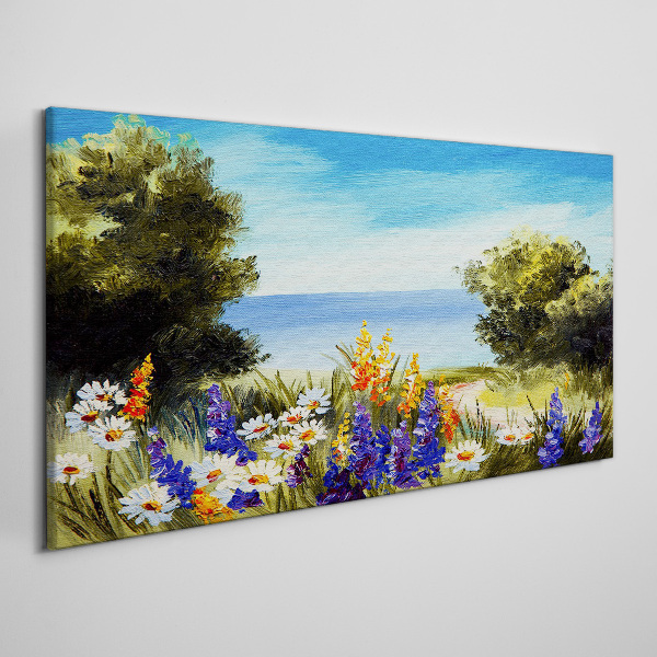Canvas schilderij Landschap met bloemen aan zee