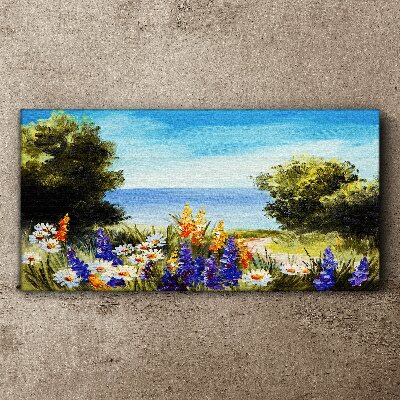 Canvas schilderij Landschap met bloemen aan zee