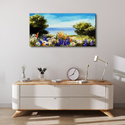 Canvas schilderij Landschap met bloemen aan zee