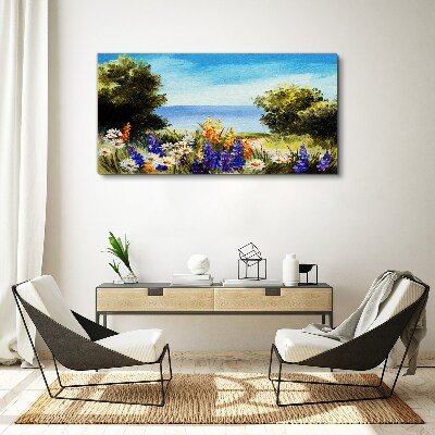 Canvas schilderij Landschap met bloemen aan zee