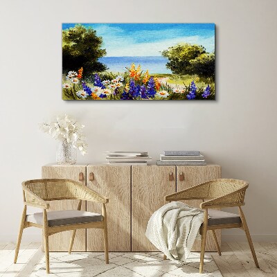 Canvas schilderij Landschap met bloemen aan zee