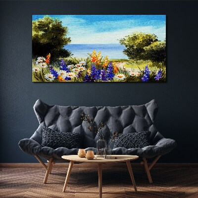 Canvas schilderij Landschap met bloemen aan zee