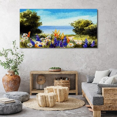 Canvas schilderij Landschap met bloemen aan zee