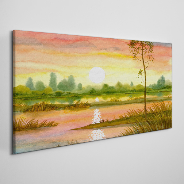 Schilderij op doek Zonsondergang boven een kalme rivier