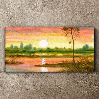 Schilderij op doek Zonsondergang boven een kalme rivier