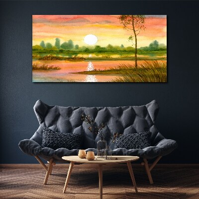Schilderij op doek Zonsondergang boven een kalme rivier