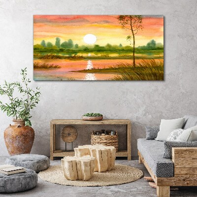 Schilderij op doek Zonsondergang boven een kalme rivier