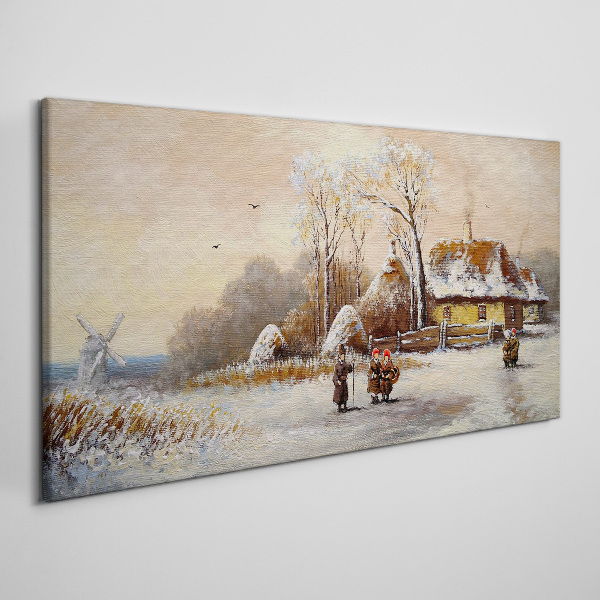Foto op canvas Winterlandschap met een huisje en de wind