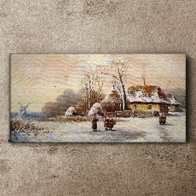 Foto op canvas Winterlandschap met een huisje en de wind