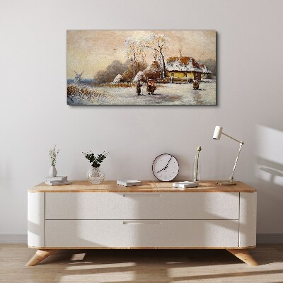 Foto op canvas Winterlandschap met een huisje en de wind