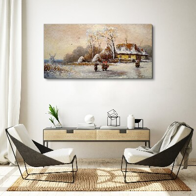 Foto op canvas Winterlandschap met een huisje en de wind