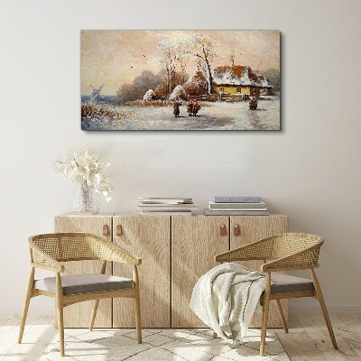 Foto op canvas Winterlandschap met een huisje en de wind
