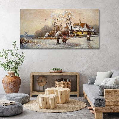 Foto op canvas Winterlandschap met een huisje en de wind
