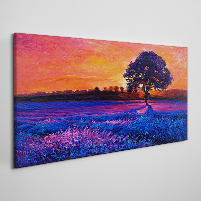 Canvas schilderij Zonsondergang boven een paars veld