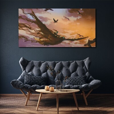 Canvas schilderij Vlucht van vogels in de ondergaande zon