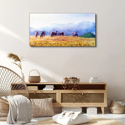 Schilderij op doek Een grote kudde paarden in de weide