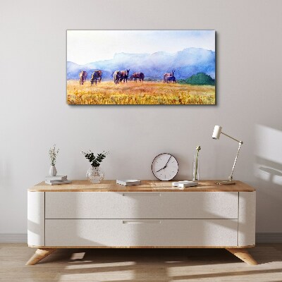 Schilderij op doek Een grote kudde paarden in de weide