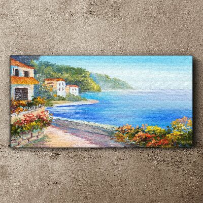 Canvas schilderij Zeegezicht met kleurrijke huizen