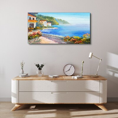 Canvas schilderij Zeegezicht met kleurrijke huizen