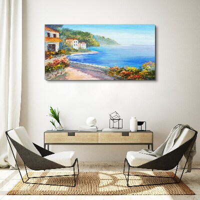 Canvas schilderij Zeegezicht met kleurrijke huizen