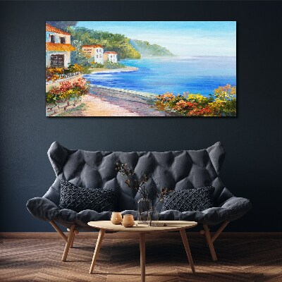 Canvas schilderij Zeegezicht met kleurrijke huizen