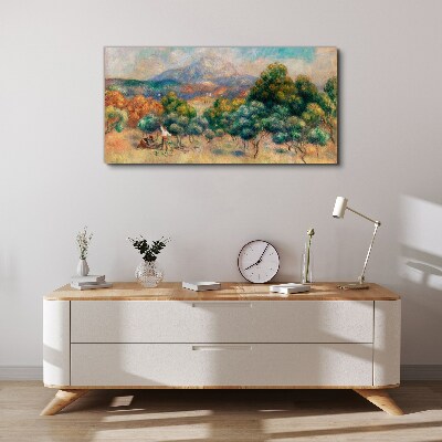 Foto op canvas Landschap met bomen en een huisje