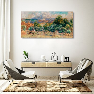 Foto op canvas Landschap met bomen en een huisje