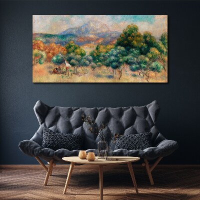 Foto op canvas Landschap met bomen en een huisje
