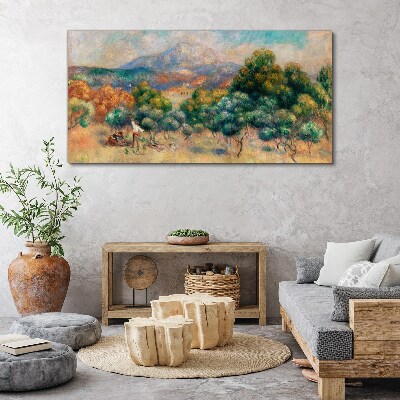 Foto op canvas Landschap met bomen en een huisje