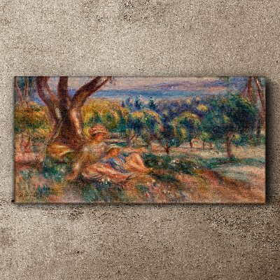 Canvas schilderij Moeder en kind in de boomgaard