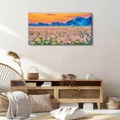 Canvas schilderij Bloemenlandschap bij zonsondergang