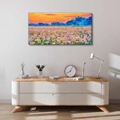 Canvas schilderij Bloemenlandschap bij zonsondergang
