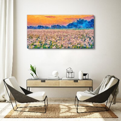 Canvas schilderij Bloemenlandschap bij zonsondergang