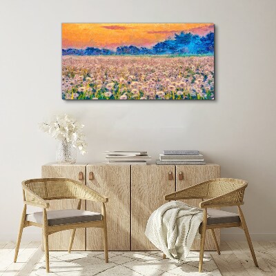 Canvas schilderij Bloemenlandschap bij zonsondergang