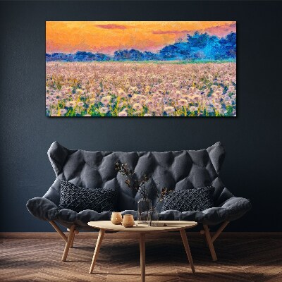 Canvas schilderij Bloemenlandschap bij zonsondergang