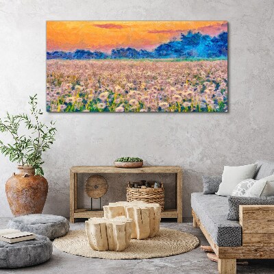 Canvas schilderij Bloemenlandschap bij zonsondergang