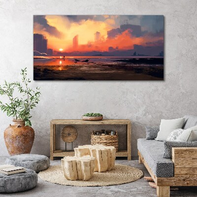 Schilderij op doek Zonsondergang boven de horizon van de stad