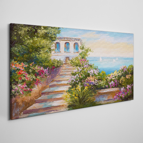 Schilderij op doek Een wandeling tussen de bloemen aan zee