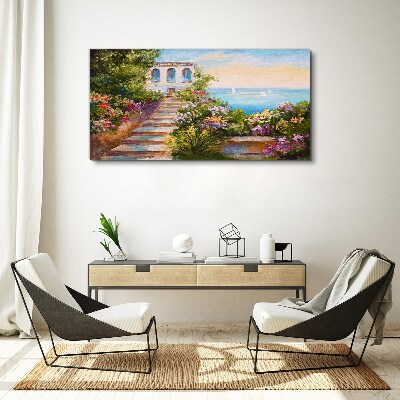 Schilderij op doek Een wandeling tussen de bloemen aan zee