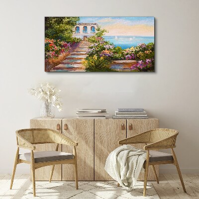 Schilderij op doek Een wandeling tussen de bloemen aan zee