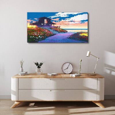 Foto op canvas Zonsondergang over de bloemrijke kust