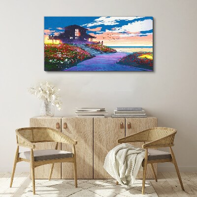 Foto op canvas Zonsondergang over de bloemrijke kust