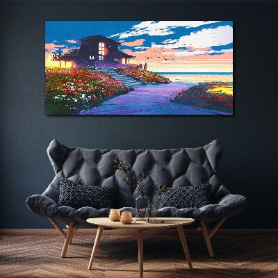 Foto op canvas Zonsondergang over de bloemrijke kust