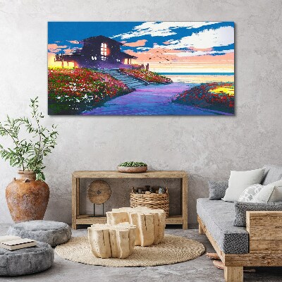 Foto op canvas Zonsondergang over de bloemrijke kust