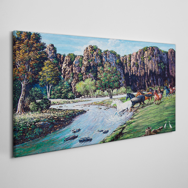 Foto op canvas Landschap met paarden aan de rivier