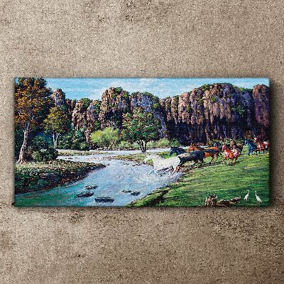 Foto op canvas Landschap met paarden aan de rivier