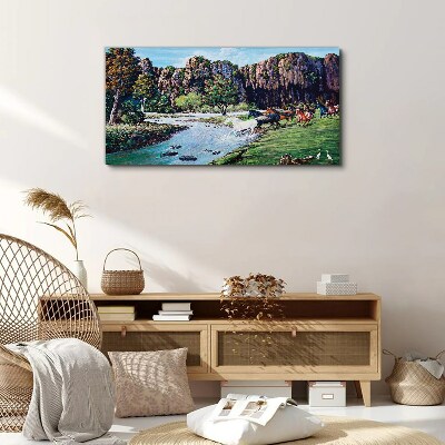 Foto op canvas Landschap met paarden aan de rivier