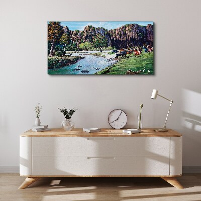 Foto op canvas Landschap met paarden aan de rivier