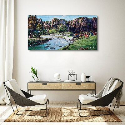 Foto op canvas Landschap met paarden aan de rivier
