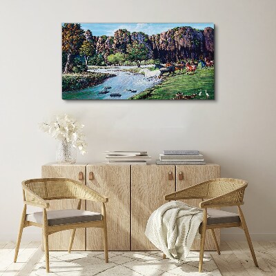 Foto op canvas Landschap met paarden aan de rivier